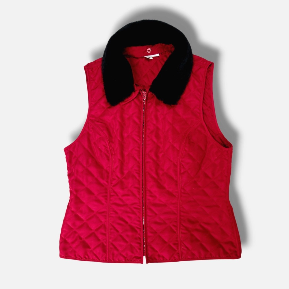 Kim Rogers Petite Quilted Vest Zip Front Removable Faux Fur Collar‎ Red Black PM